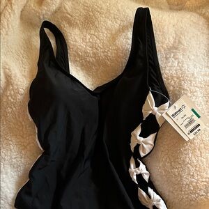 Black and White Swimsuit with Floral Detail